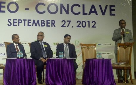 Dr P V Appaji (extreme right), director general, PHARMEXCIL, speaks at the CEO Conclave