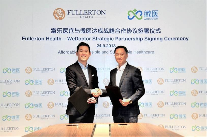 David Sin, Co-Founder, Group President and Executive Deputy Chairman of Fullerton Health (left) and Jeff Chen, Chief Strategy Officer of WeDoctor (right)  celebrate new strategic partnership
