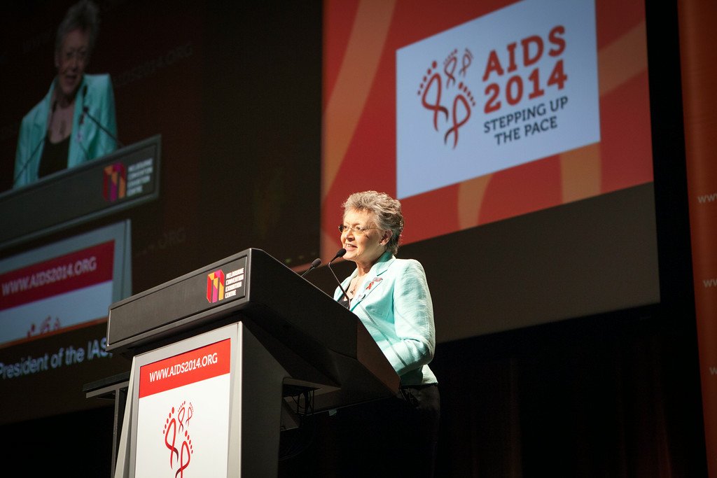 Prof FranÃ§oise BarrÃ©-Sinoussi, outgoing president of International AIDS Society and co-chair of AIDS 2014 